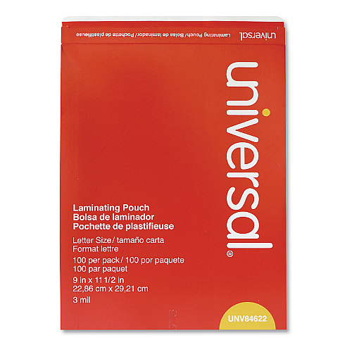 Universal Laminating Pouches, 3 mil, 9" x 11.5", Gloss Clear, 100/Box (UNV84622)