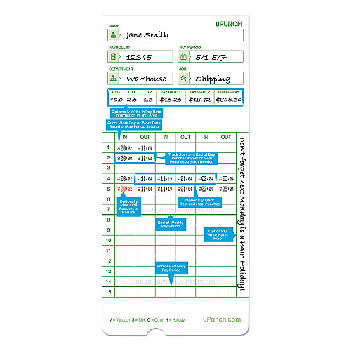 Time Clock Cards for uPunch HN1000/HN3000/HN3600, Two Sides, 7.5 x 3.5, 100/Pack (HNTCG1100)
