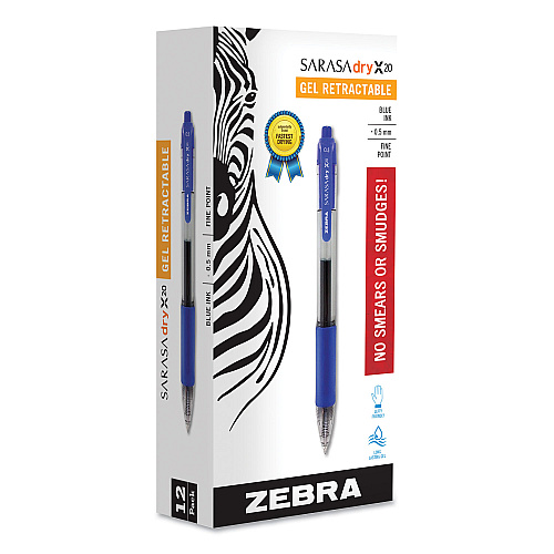 Zebra Sarasa Dry Gel X20 Gel Pen, Retractable, Fine 0.5 mm, Blue Ink, Clear/Blue Barrel, 12/Pack (46720)