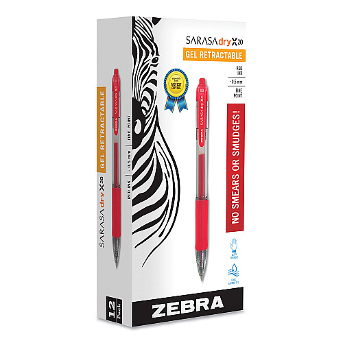Zebra Sarasa Dry Gel X20 Gel Pen, Retractable, Fine 0.5 mm, Red Ink, Clear/Red Barrel, 12/Pack (46730)