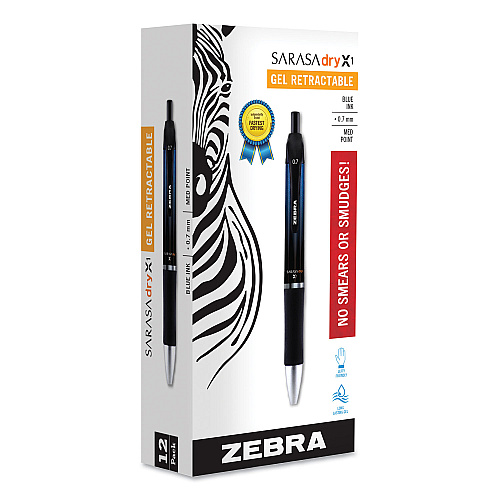 Zebra Sarasa Dry Gel X1 Gel Pen, Retractable, Medium 0.7 mm, Blue Ink, Blue Barrel, 12/Pack (45620)