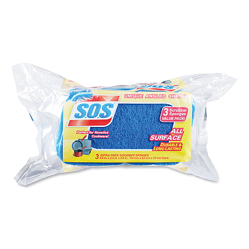 S.O.S. All Surface Scrubber Sponge, 2.5 x 4.5, 0.9" Thick, Dark Blue, 3/Pack, 8 Packs/Carton (91028CT)