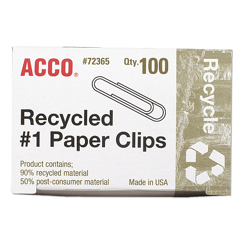 Acco&reg; Recycled Paper Clips, No. 1 Size, 100/Box, 10 Boxes/Pack (72365)