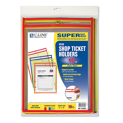C-Line Stitched Shop Ticket Holders, Neon, Assorted 5 Colors, 75", 9 x 12, 10/Pack (43920)