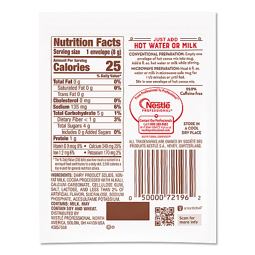 Nestle No-Sugar-Added Hot Cocoa Mix Envelopes, Rich Chocolate, 0.28 oz Packet, 30/Box (61411)