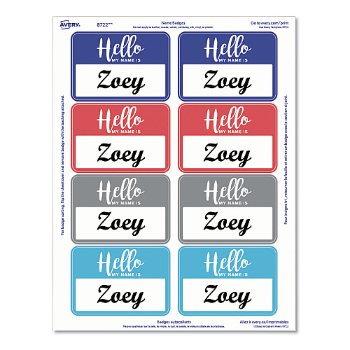 Avery Flexible Adhesive Name Badge Labels, "Hello", 3 3/8 x 2 1/3, Assorted, 120/PK (8722)
