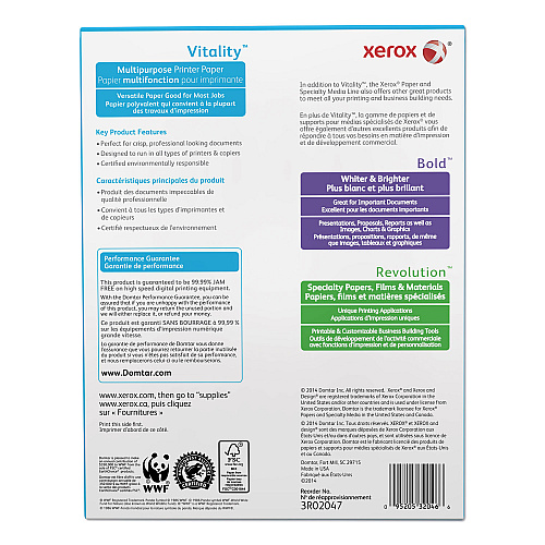 Xerox Vitality Multipurpose Print Paper, 92 Bright, 20 lb Bond Weight, 8.5 x 11, White, 500/Ream (3R02047RM)