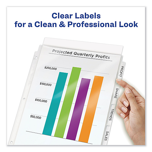 Avery Print and Apply Index Maker Clear Label Sheet Protector Dividers with White Tabs, 5-Tab, 11 x 8.5, White, 1 Set (75500)