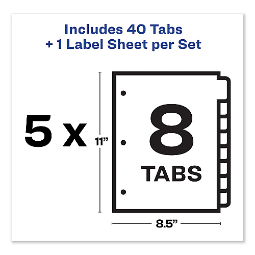 Avery Print and Apply Index Maker Clear Label Dividers, 8-Tab, Color Tabs, 11 x 8.5, White, Contemporary Color Tabs, 5 Sets (11991)