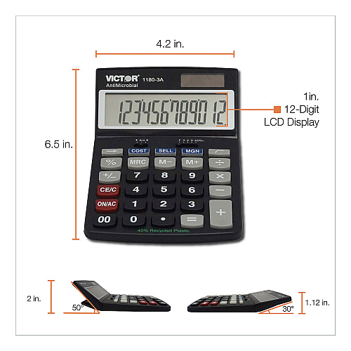 Victor 1180-3A Antimicrobial Desktop Calculator, 12-Digit LCD