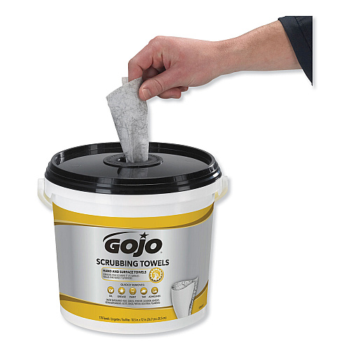 GOJO Scrubbing Towels, Hand Cleaning, Orange Scent, White/Yellow, 170/Bucket, 2 Buckets/Carton (639802)