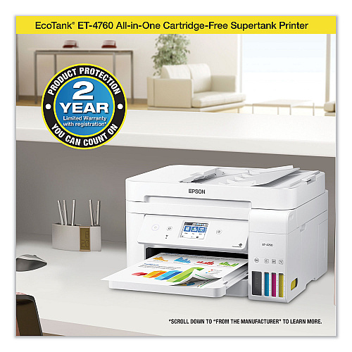 Epson EcoTank ET-4760 All-in-One Supertank Printer, Copy Fax/Print/Scan (C11CG19204C)