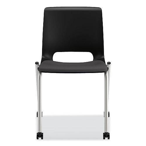HON Motivate Four-Leg Stacking Chair, Supports 300 lb, 18.25" Seat Height, Onyx Fabric Seat, Black Back, Platinum Base, 2/Carton (MG201CU10)