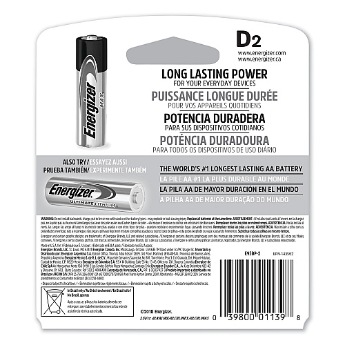 Energizer MAX Alkaline D Batteries, 1.5 V, 2/Pack (E95BP2)