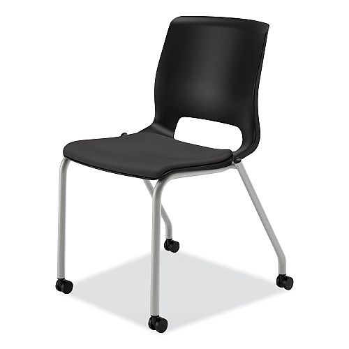 HON Motivate Four-Leg Stacking Chair, Supports 300 lb, 18.25" Seat Height, Onyx Fabric Seat, Black Back, Platinum Base, 2/Carton (MG201CU10)