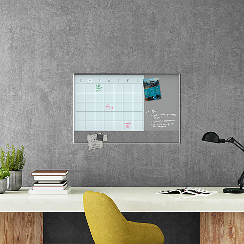 U Brands 3N1 Magnetic Glass Dry Erase Combo Board, 35 x 23, Month View, Gray/White Surface, White Aluminum Frame (3197U0001)