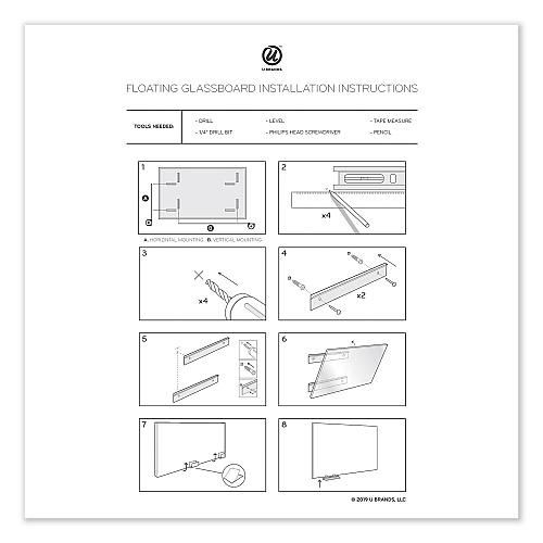 U Brands Floating Glass Dry Erase Board, 35 x 23, White (3975U0001)