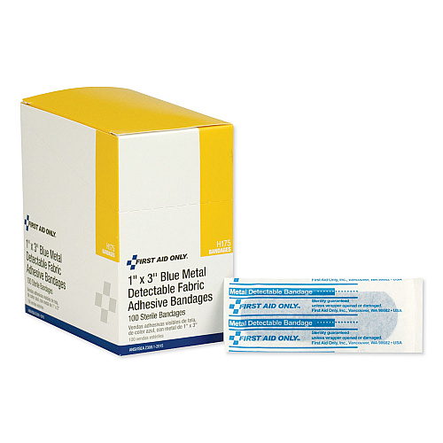 First Aid Only Adhesive Blue Metal Detectable Bandages, 1 x 3, Plastic with Foil, 100/Box, 12 Boxes/Carton (H175)