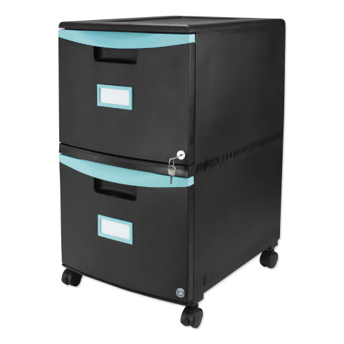 Storex Two-Drawer Mobile Filing Cabinet, 2 Legal/Letter-Size File Drawers, Black/Teal, 14.75" x 18.25" x 26" (61315U01C)