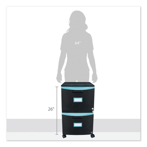 Storex Two-Drawer Mobile Filing Cabinet, 2 Legal/Letter-Size File Drawers, Black/Teal, 14.75" x 18.25" x 26" (61315U01C)