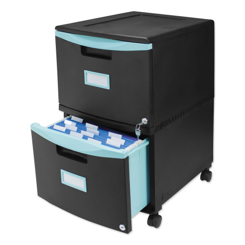 Storex Two-Drawer Mobile Filing Cabinet, 2 Legal/Letter-Size File Drawers, Black/Teal, 14.75" x 18.25" x 26" (61315U01C)