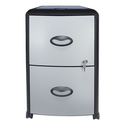 Storex Mobile Filing Cabinet with Metal Siding and Top-Drawer Organizer Tray, 2 Letter File Drawers, Silver/Black, 19" x 15" x 23" (61352U01C)
