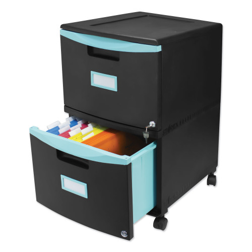 Storex Two-Drawer Mobile Filing Cabinet, 2 Legal/Letter-Size File Drawers, Black/Teal, 14.75" x 18.25" x 26" (61315U01C)