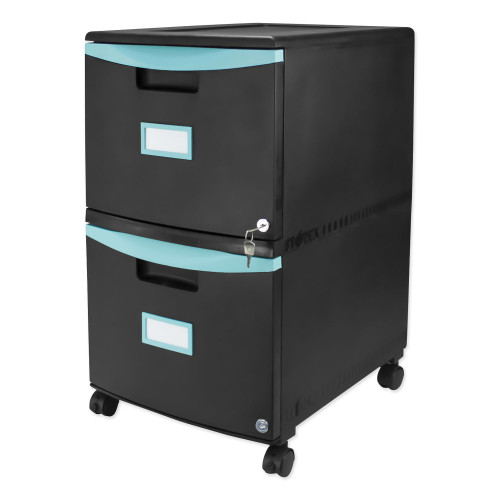 Storex Two-Drawer Mobile Filing Cabinet, 2 Legal/Letter-Size File Drawers, Black/Teal, 14.75" x 18.25" x 26" (61315U01C)