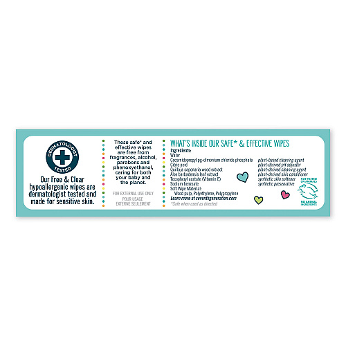 Seventh Generation Free and Clear Baby Wipes, 7 x 7, Refill, Unscented, White, 256/Pack, 3 Packs/Carton (34219CT)
