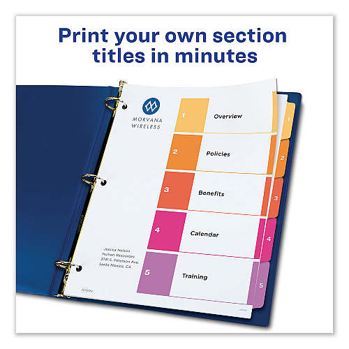 Avery Customizable TOC Ready Index Multicolor Tab Dividers, 5-Tab, 1 to 5, 11 x 8.5, White, Traditional Color Tabs, 6 Sets (11187)
