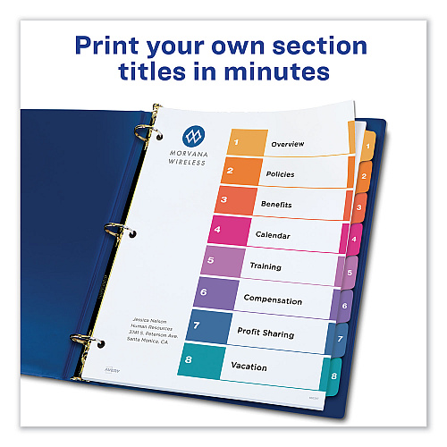 Avery Customizable TOC Ready Index Multicolor Tab Dividers, Uncollated, 8-Tab, 1 to 8, 11 x 8.5, White, 24 Sets (11168)