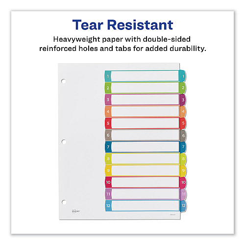 Avery Customizable TOC Ready Index Multicolor Tab Dividers, 12-Tab, 1 to 12, 11 x 8.5, White, Contemporary Color Tabs, 1 Set (11843)