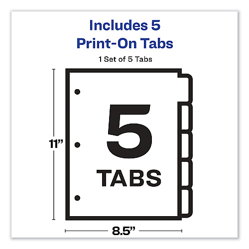 Avery Customizable Print-On Dividers, 3-Hole Punched, 5-Tab, 11 x 8.5, White, 1 Set (11511)
