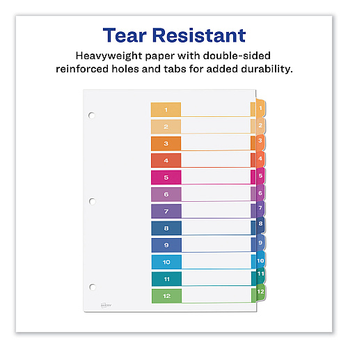 Avery Customizable TOC Ready Index Multicolor Tab Dividers, 12-Tab, 1 to 12, 11 x 8.5, White, Traditional Color Tabs, 6 Sets (11196)