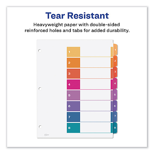 Avery Customizable TOC Ready Index Multicolor Tab Dividers, Uncollated, 8-Tab, 1 to 8, 11 x 8.5, White, 24 Sets (11168)