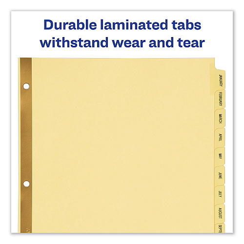 Avery Preprinted Laminated Tab Dividers with Gold Reinforced Binding Edge, 12-Tab, Jan. to Dec., 11 x 8.5, Buff, 1 Set (11307)