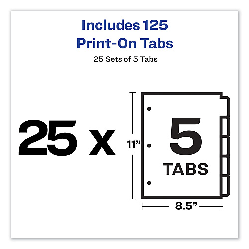 Avery Customizable Print-On Dividers, 3-Hole Punched, 5-Tab, 11 x 8.5, White, 25 Sets (11517)