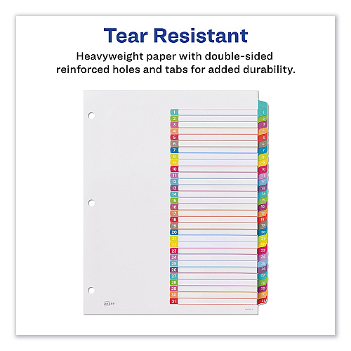 Avery Customizable TOC Ready Index Multicolor Tab Dividers, 31-Tab, 1 to 31, 11 x 8.5, White, Contemporary Color Tabs, 1 Set (11846)