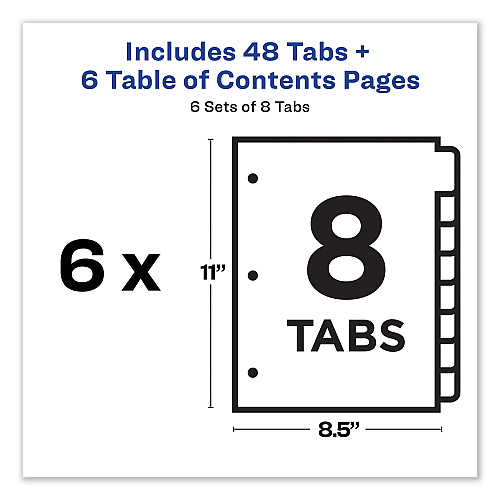 Avery Customizable TOC Ready Index Multicolor Tab Dividers, 8-Tab, 1 to 8, 11 x 8.5, White, Traditional Color Tabs, 6 Sets (11186)