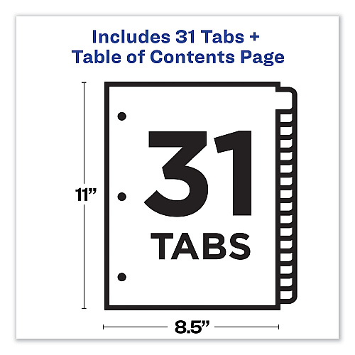 Avery Customizable TOC Ready Index Multicolor Tab Dividers, 31-Tab, 1 to 31, 11 x 8.5, White, Traditional Color Tabs, 1 Set (11129)