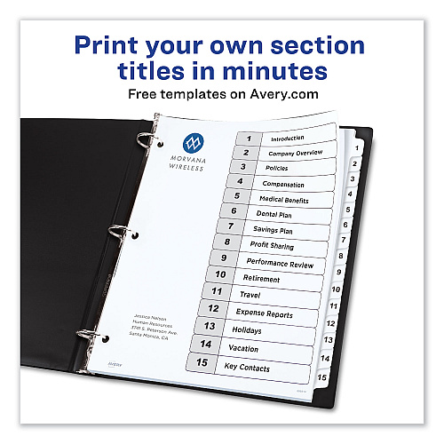 Avery Customizable TOC Ready Index Black and White Dividers, 15-Tab, 1 to 15, 11 x 8.5, 1 Set (11142)