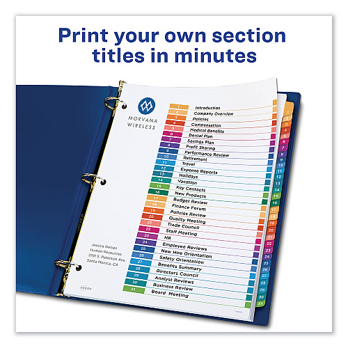 Avery Customizable TOC Ready Index Multicolor Tab Dividers, 31-Tab, 1 to 31, 11 x 8.5, White, Traditional Color Tabs, 1 Set (11129)