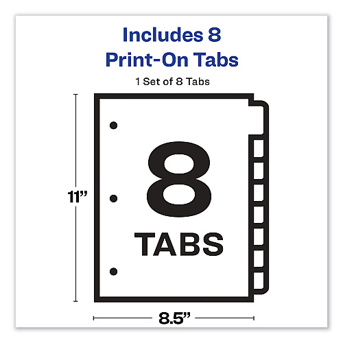 Avery Customizable Print-On Dividers, 3-Hole Punched, 8-Tab, 11 x 8.5, White, 1 Set (11528)