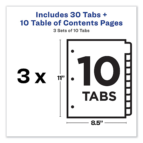 Avery Customizable Table of Contents Ready Index Dividers with Multicolor Tabs, 10-Tab, 1 to 10, 11 x 8.5, White, 3 Sets (11082)