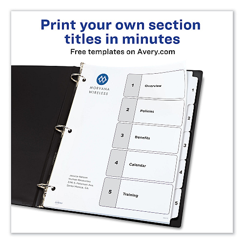 Avery Customizable TOC Ready Index Black and White Dividers, 5-Tab, 1 to 5, 11 x 8.5, 1 Set (11130)