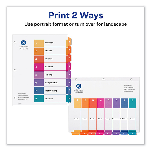 Avery Customizable TOC Ready Index Multicolor Tab Dividers, 8-Tab, 1 to 8, 11 x 8.5, White, Traditional Color Tabs, 6 Sets (11186)