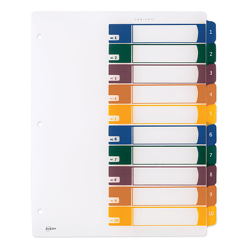 Avery Customizable Table of Contents Ready Index Dividers with Multicolor Tabs, 10-Tab, 1 to 10, 11 x 8.5, Translucent, 1 Set (11818)