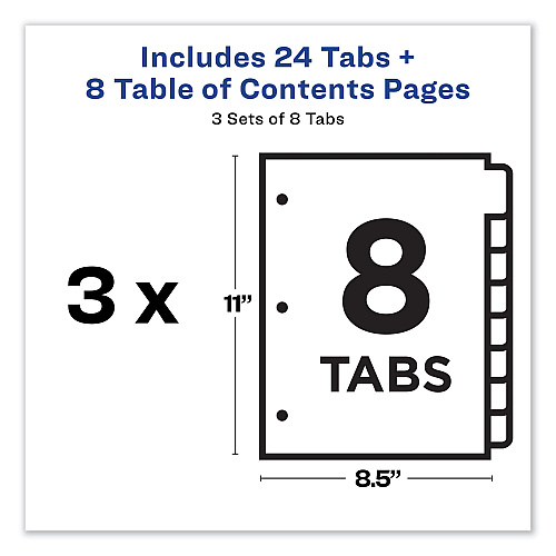 Avery Customizable Table of Contents Ready Index Dividers with Multicolor Tabs, 8-Tab, 1 to 8, 11 x 8.5, White, 3 Sets (11081)