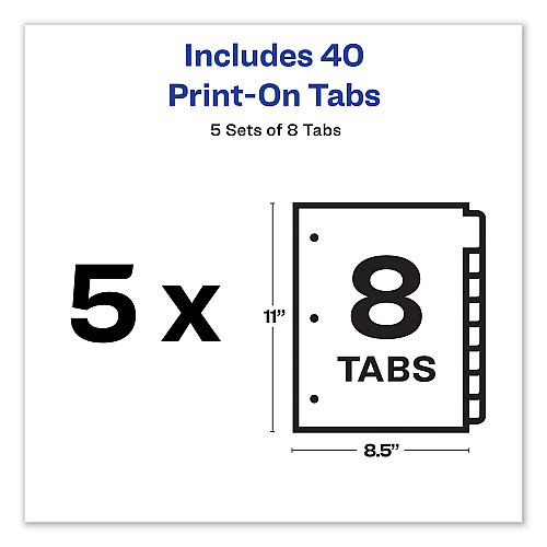 Avery Customizable Print-On Dividers, 3-Hole Punched, 8-Tab, 11 x 8.5, White, 5 Sets (11552)