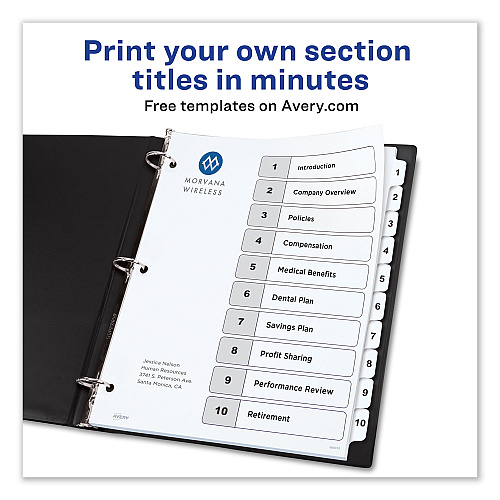 Avery Customizable TOC Ready Index Black and White Dividers, 10-Tab, 1 to 10, 11 x 8.5, 1 Set (11134)